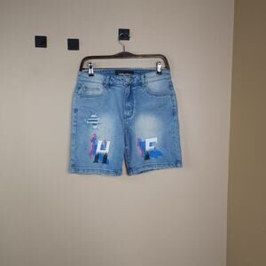 Homme + Femme Hand Paint Logo Distressed Denim Jean Shorts With Rips Size 30